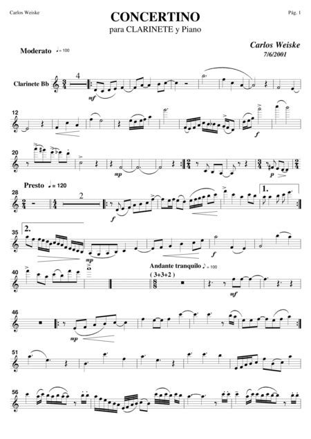 Concertino For Clarinet Bb And Piano By Carlos Weiske Sheet Music For