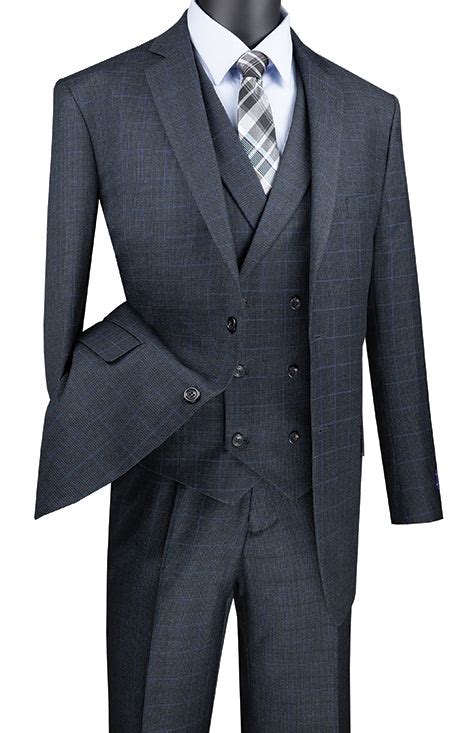 Venetian Collection Charcoal Regular Fit Glen Plaid 2 Button 3 Piece