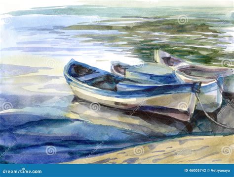 Watercolor Seascape with Boats Stock Illustration - Illustration of morning, backgrounds: 46005742