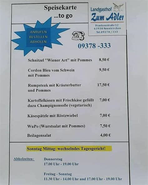 Speisekarte Von Restaurant Zum Adler Neunkirchen