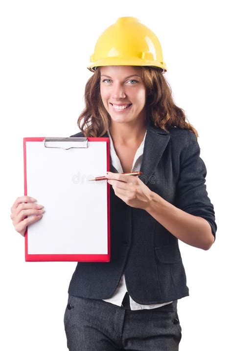 The Woman With Hard Hat Isolated On White Stock Image Image Of