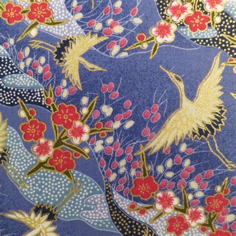 Tissu Japonais Bleu Motifs De Grues Couleurs Japon