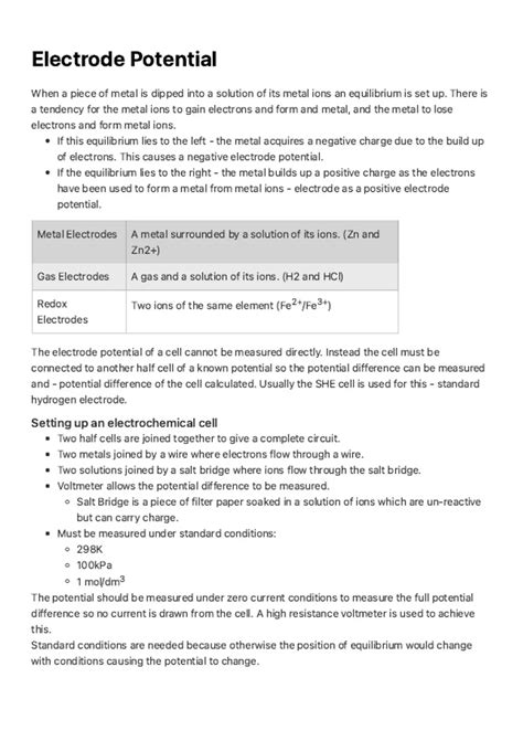 Summary Aqa Alevel Chemistry Electrode Potential Notes Unit 3111