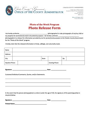 Fillable Online Charlescountymd Photo Release Form PDF Charles