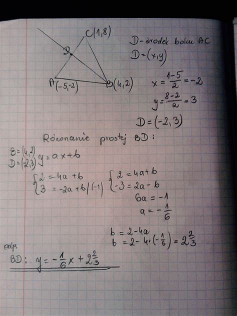 Wyznacz równanie kierunkowe prostej zawierającej środkową BD trójkąta