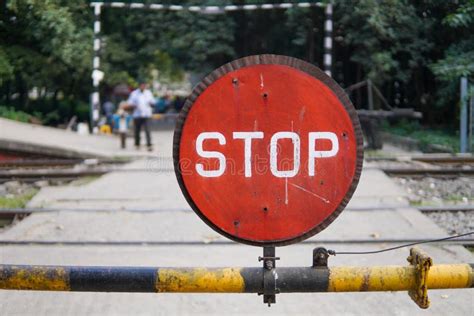 Stop Sign On Railway Crossing Railway Crossing On The Road Stock Photo