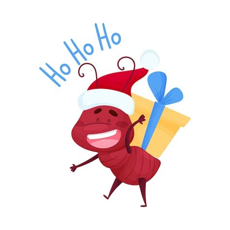 Premium Vector Cute Ant Character Wearing Santas Hat And Carrying