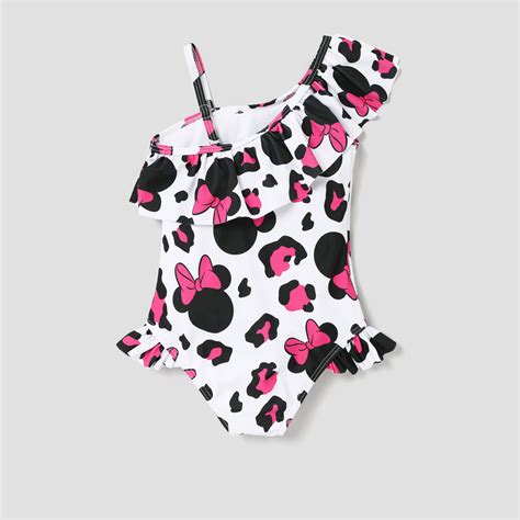 Disney Minnie Mouse Girls Swimsuits Graphic Leopard One Piece Swimwear Ruffled One Shoulder