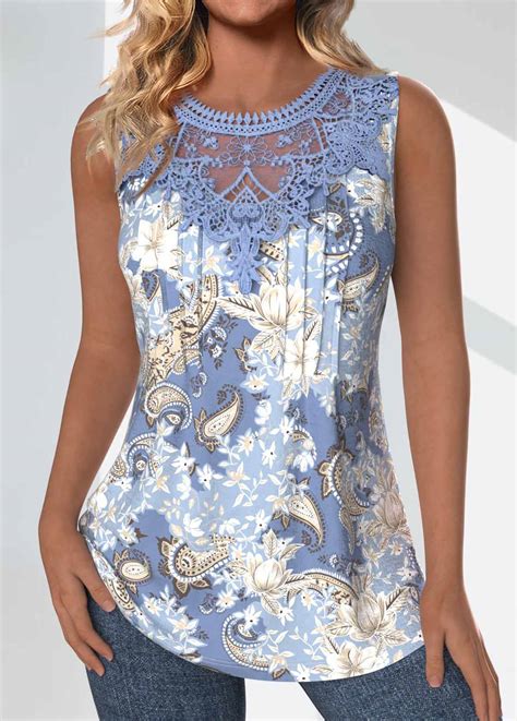 Rotita Tuck Stitch Paisley Print Dusty Blue Sleeveless Tank Top