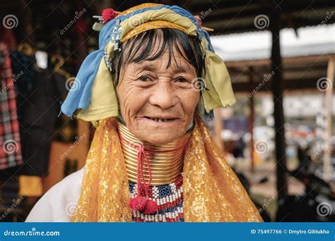 Portrait Of Padaung Long Neck Woman In Traditional Clothing Editorial