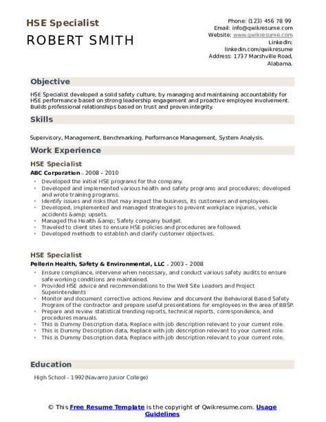 10 Hse Specialist Resume Samples And Templates For 2025