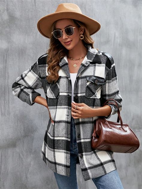 SHEIN LUNE Plaid Print Flap Pocket Drop Shoulder Coat SHEIN UK