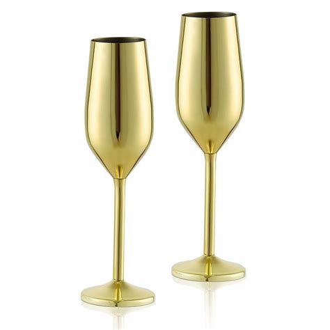 Haniforever Gold Champagne Flutes Set Of 2 Unbreakable Metal Champagne Glasses Goblet Stemmed