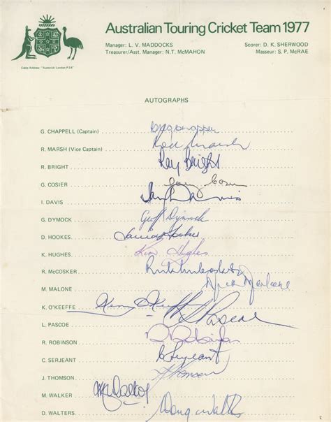 AUSTRALIA 1977 CRICKET AUTOGRAPH SHEET Signed Cricket Team Sheets