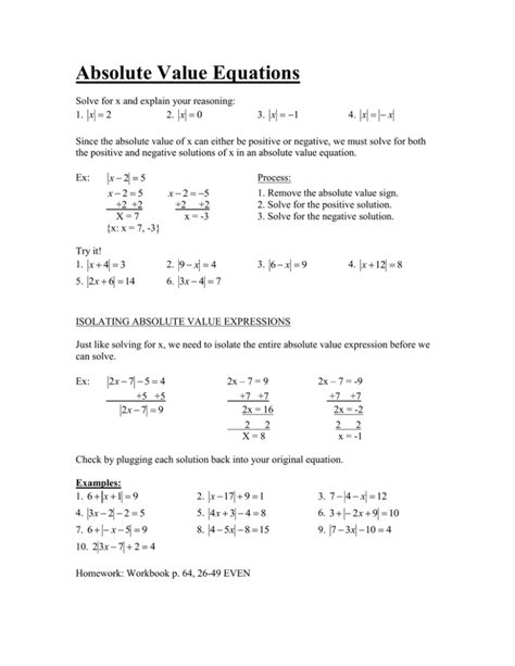 Solving Absolute Value Equations Worksheet 1 4 Answers Tessshebaylo