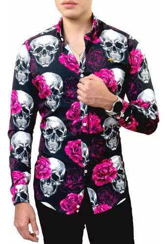 Camisa Hombre Casual Slim Fit Negra Calavera Flores Rosa Meses Sin