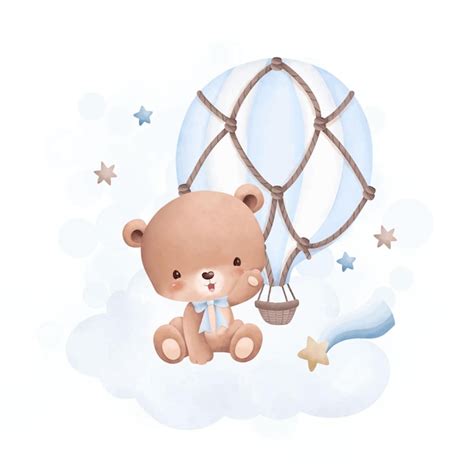 Premium Vector Watercolor Illustration Cute Teddy Bear Sits On Cloud With Blue Hot Air Balloon