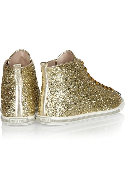 Miu Miu Glittered Leather Hightop Sneakers In Metallic Lyst