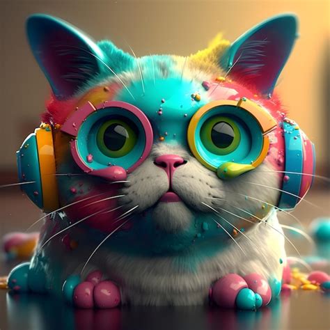 Un Gato Con Auriculares Coloridos Y La Cabeza Tiene Una Cara De Color