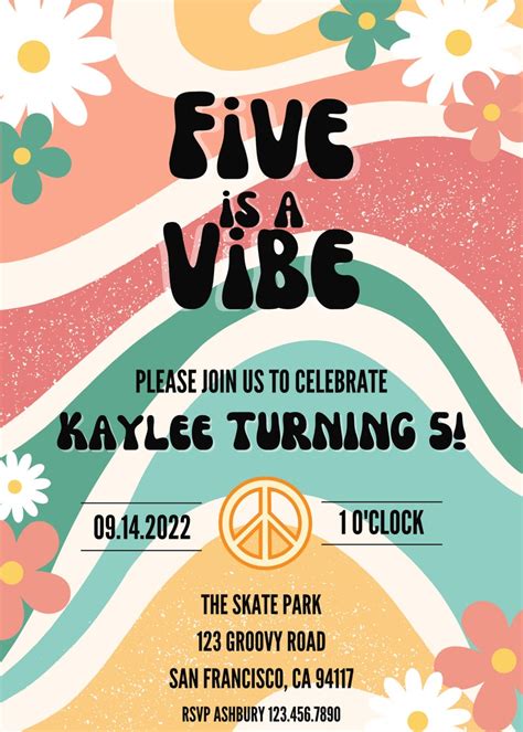 5th Birthday Five Is A Vibe Groovy Birthday Party Invitation 5 Etsy