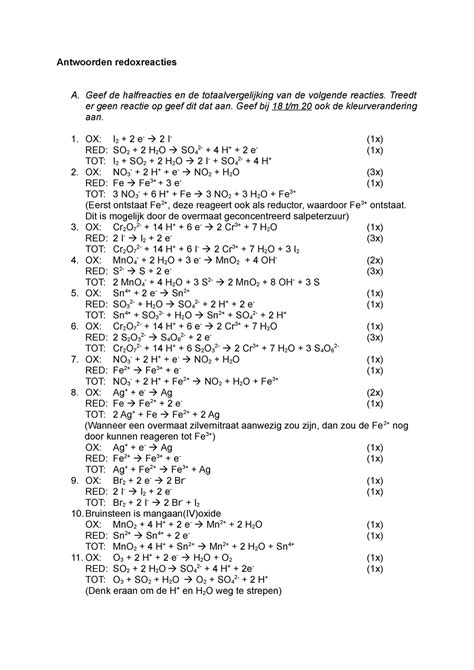 Redoxreacties Correctiemodel Antwoorden Redoxreacties A Geef De