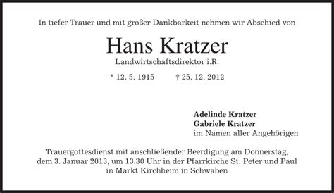 Traueranzeigen Von Hans Kratzer Trauer Merkur De