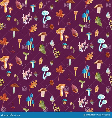 Pattern With Mushrooms And Autumn Leaves In Watercolor Stock