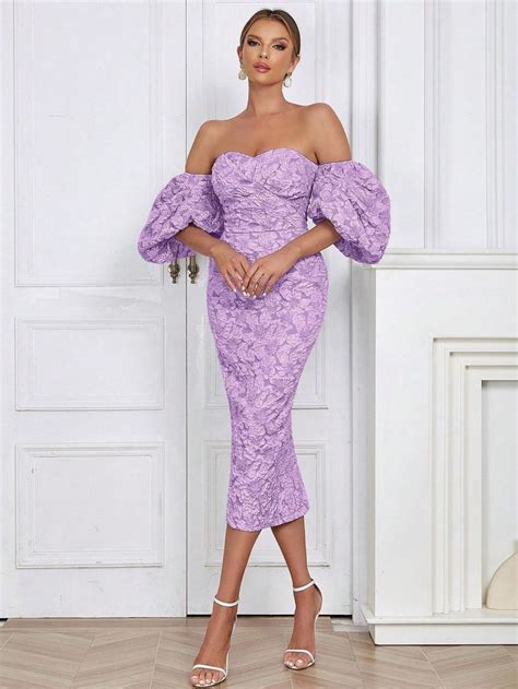 Off Shoulder Puff Sleeve Split Back Floral Jacquard Dress Shein Usa