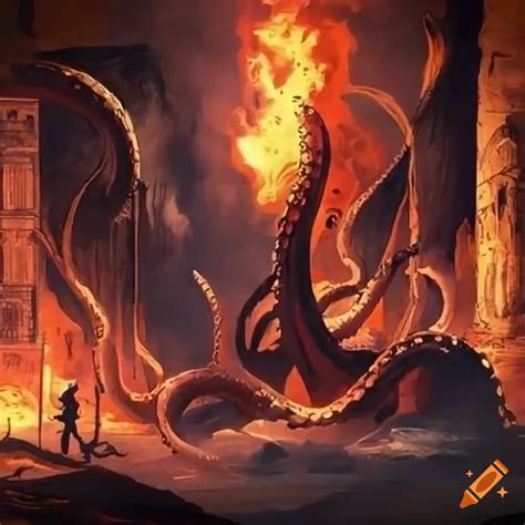 Kraken Crossing A Blazing Roman City In The Style Of Eliran Kantor On