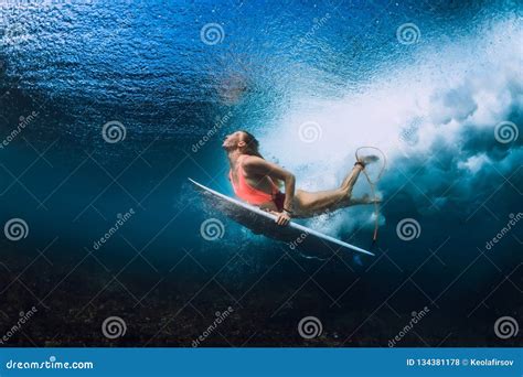 Surfer Woman Going Surfing Standing With Blue Yellow Surfboard On