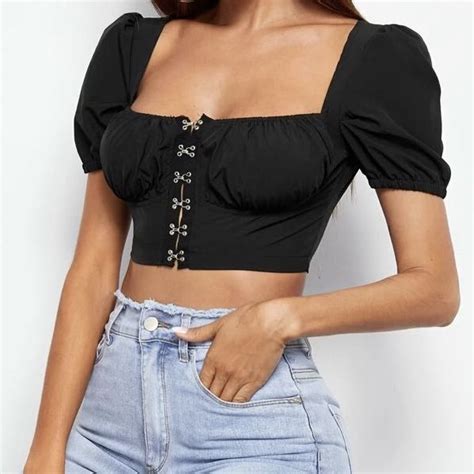 Bnip Shein Black Puff Sleeve Hook And Eye Milkmaid Top Tags Ulzzang