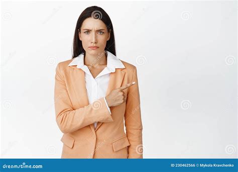 Disappointed Female Office Worker Pointing Finger Right Entrepreneur Showing Logo Aside And