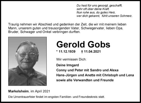 Traueranzeigen Von Gerold Gobs Trauerportal Ihrer Tageszeitung