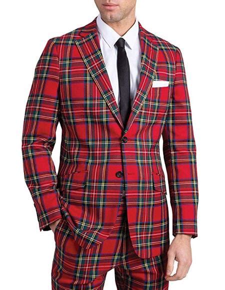 Mens Red Tartan Plaid Checkered Suit Jacket