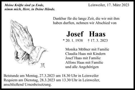 Traueranzeigen Von Josef Haas OstalbTrauer