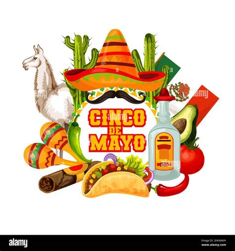 Mexican Fiesta Party Sombrero Moustaches And Maracas Vector Design Of Cinco De Mayo Holiday