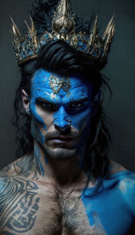 A Man With Blue Paint On His Face And Chest Wearing A Gold Crown Over