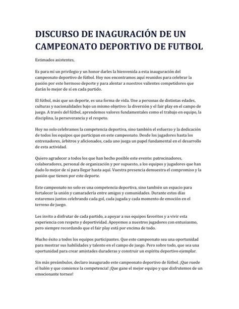 Discurso De Inaguraci N De Un Campeonato Deportivo De Futbol