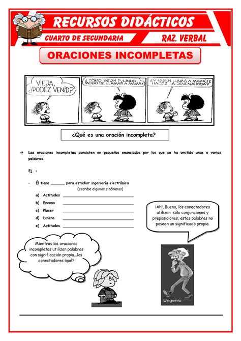 Oraciones Incompletas Ejercicios Para Cuarto De Secundaria Mientras