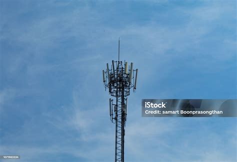 Wave Transmission Mast Large Phone Signal With A Bright Blue Sky Stock