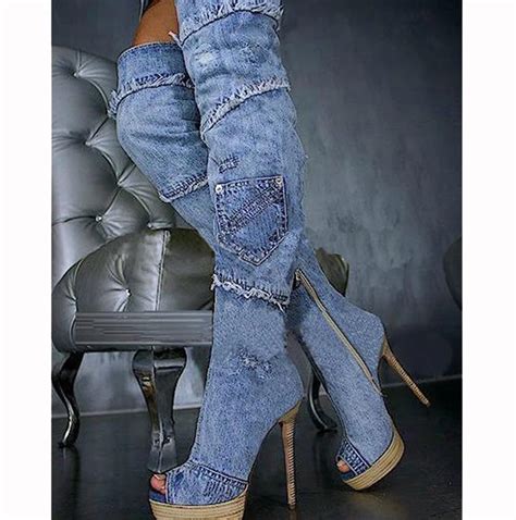 Womens Peep Toe Long Boots Blue Denim Boots For Women Thin High Heel