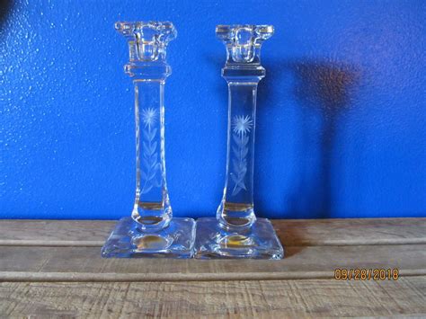 Vintage Square Etched Glass Pillars Taper Candle Holders Candlesticks Starburst Flower Etched 7