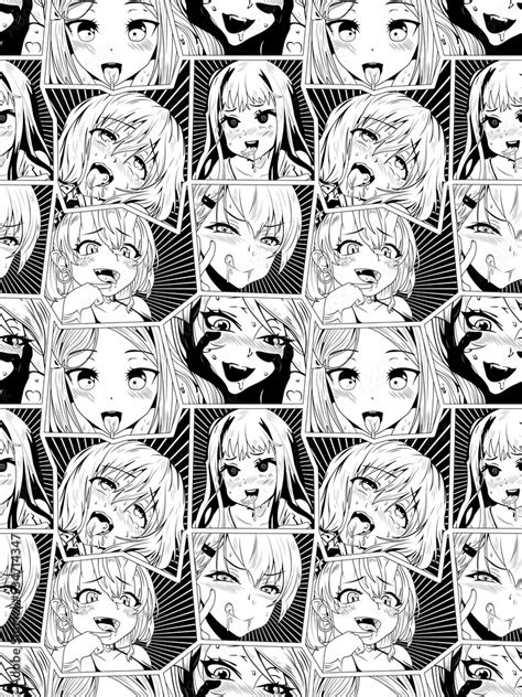 Vecteur Stock Black Vector Seamless Pattern With Ahegao Face Emotion