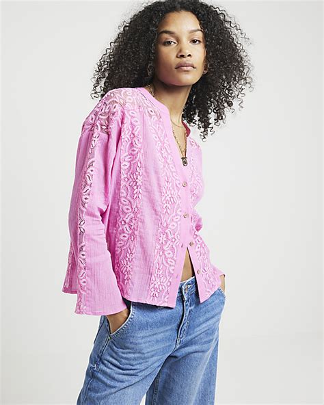 Pink Lace Button Up Blouse River Island