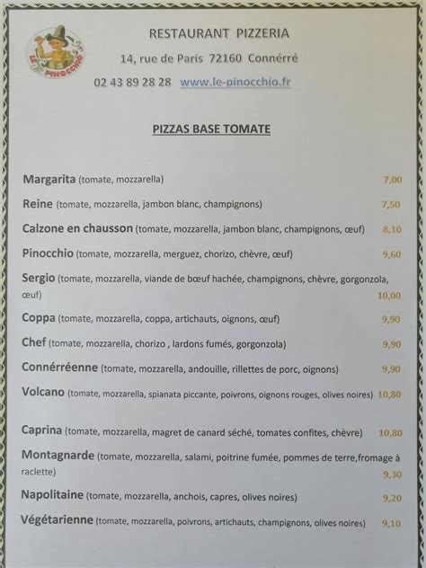 Menu au Le Pinocchio pizzeria Connerré