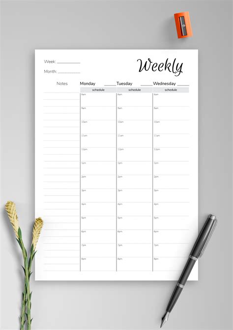 Download Printable Weekly Hourly Planner With Notes Section Pdf