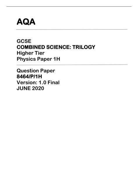 AQA GCSE COMBINED SCIENCE TRILOGY 8464 P 1H Higher Tier Physics Paper