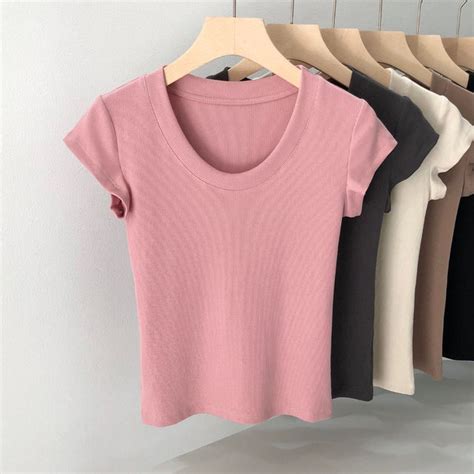 2023 Korean Summer New Style Right Shoulder U Neck Short Sleeved T