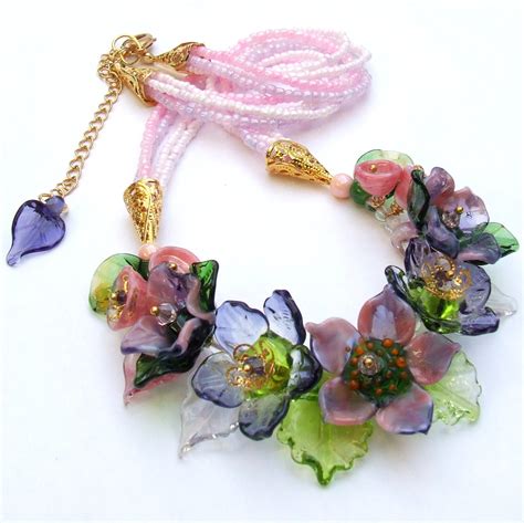 Handmade Lampwork Floral Necklace Flower Beads Necklace Pink Purple