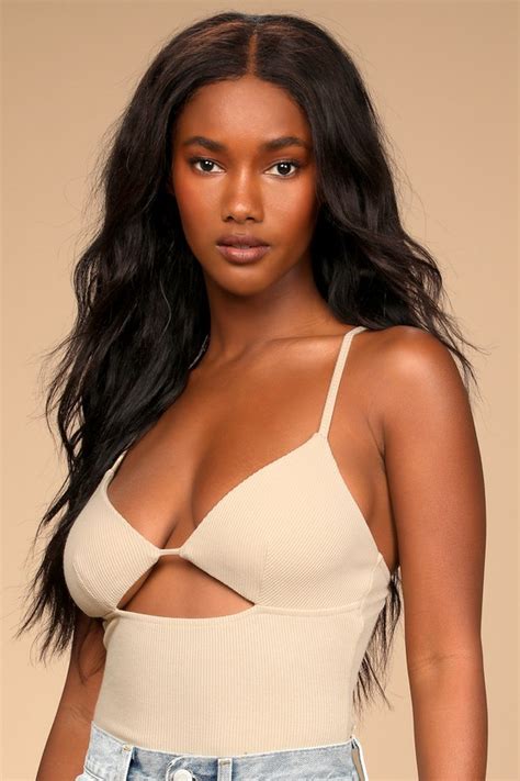 Beige Bodysuit Sleeveless Cutout Bodysuit Ribbed Bodysuit Lulus